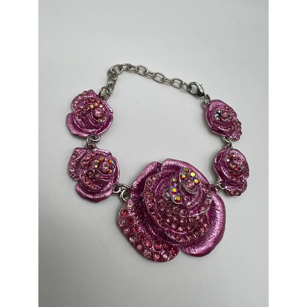 Pink Shimmery 3D Metal Flower Link Bracelet Y2K Coquette Boho Pink Metal